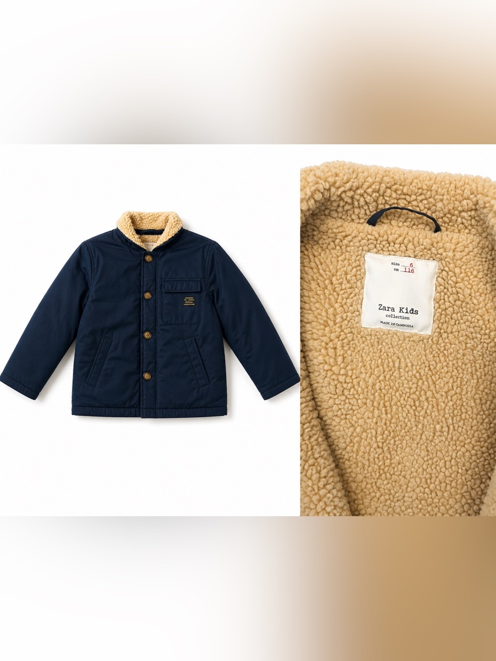 Zara kids Navy Button-Up Jacket with Tan Sherpa Collar